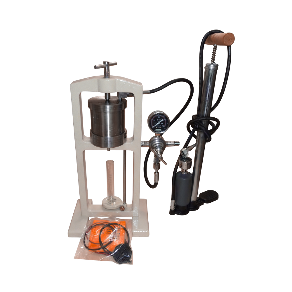 API filter press mounted on its stand, showing the 350 ml mud cell and filtrate collection tube