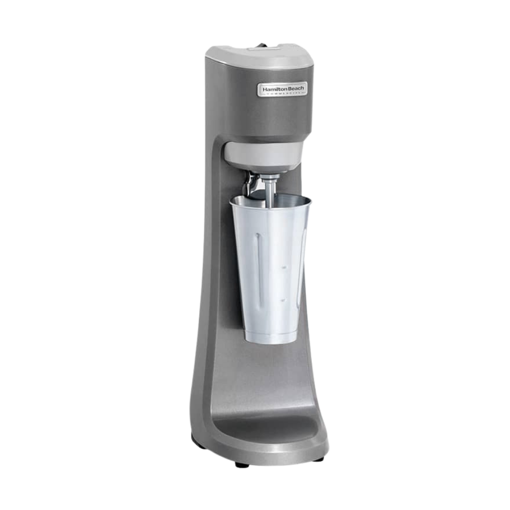Hamilton Beach single-spindle laboratory mixer with stainless steel shaft and mixing cup on its base