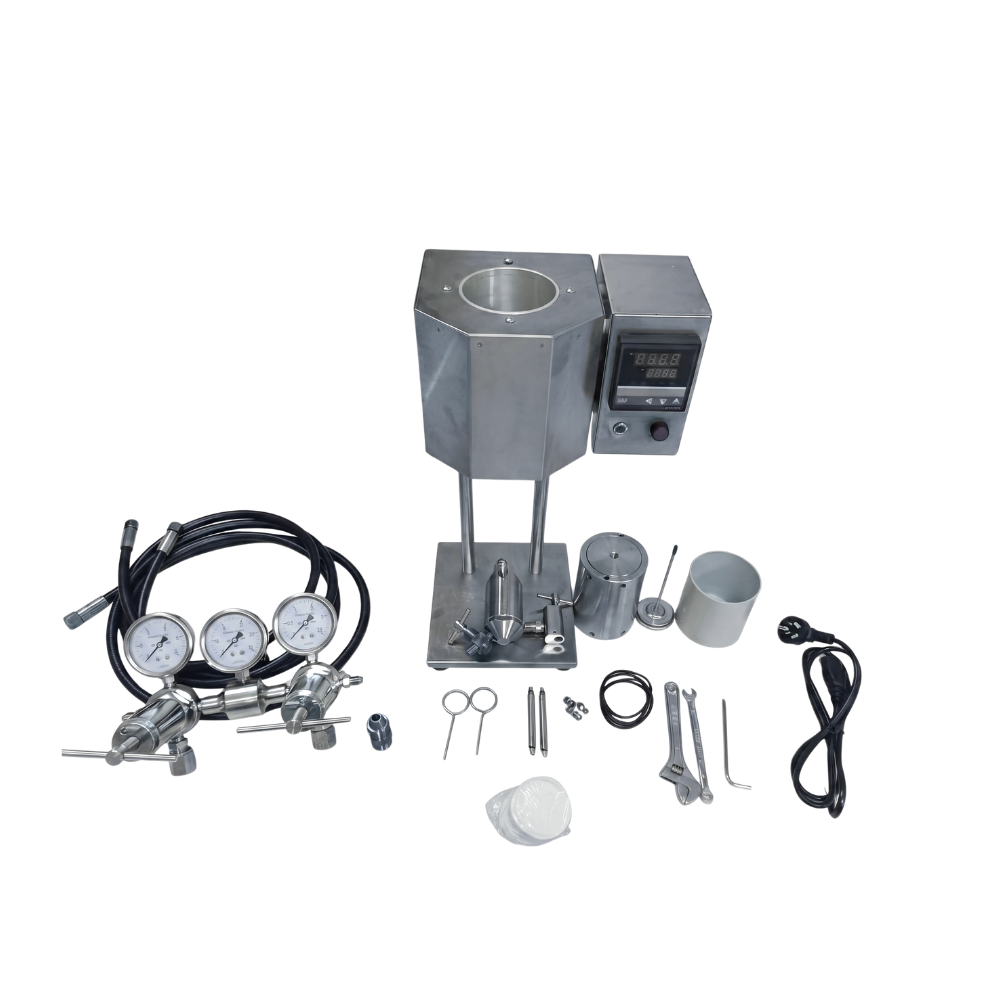 HTHP filter press with heating jacket, pressurised cell assembly and back-pressure receiver