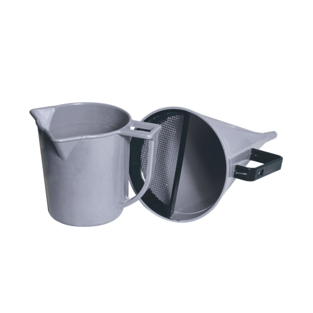 Marsh funnel with its 1,000 ml graduated measuring cup alongside