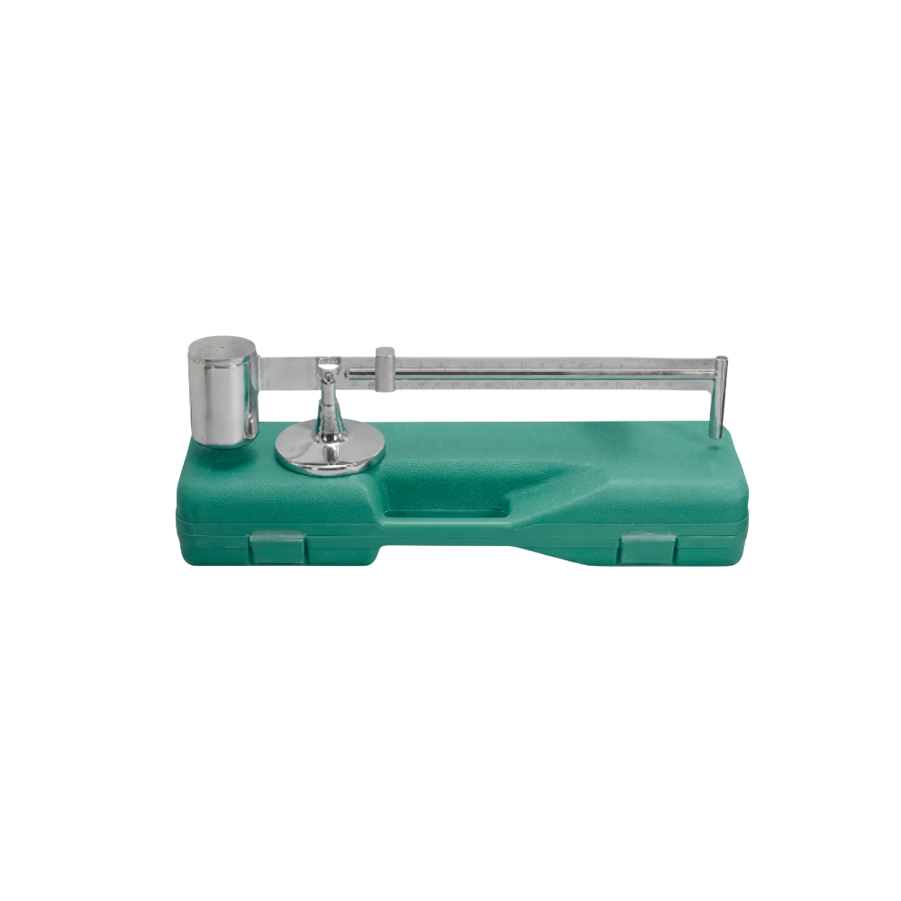 Mud balance with graduated beam, sliding rider and stainless steel sample cup, seated in its carrying case