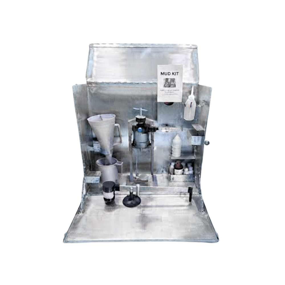 Portable mud testing kit in its travel case, packed with mud balance, Marsh funnel, filter press and supporting glassware