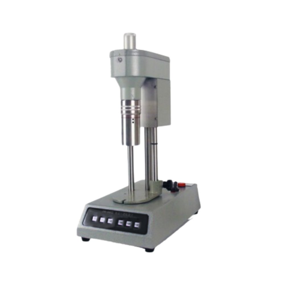 Six-speed rotational viscometer with dial reading head, speed selector and sample cup on the raised stage