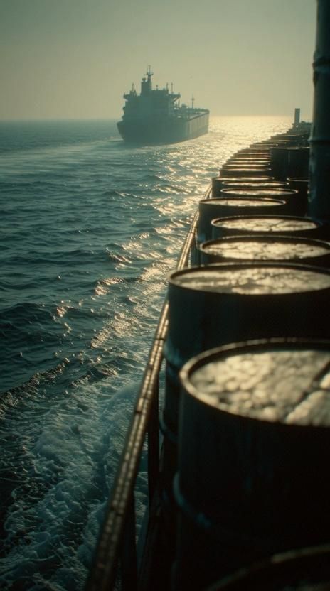 Oil barrels lined up on a tanker deck at sea, with a second tanker visible in the distance